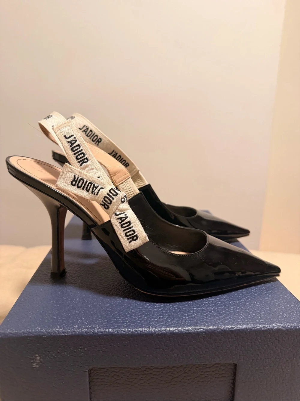 Christian Dion Black Patent Leather Slingback Pumps